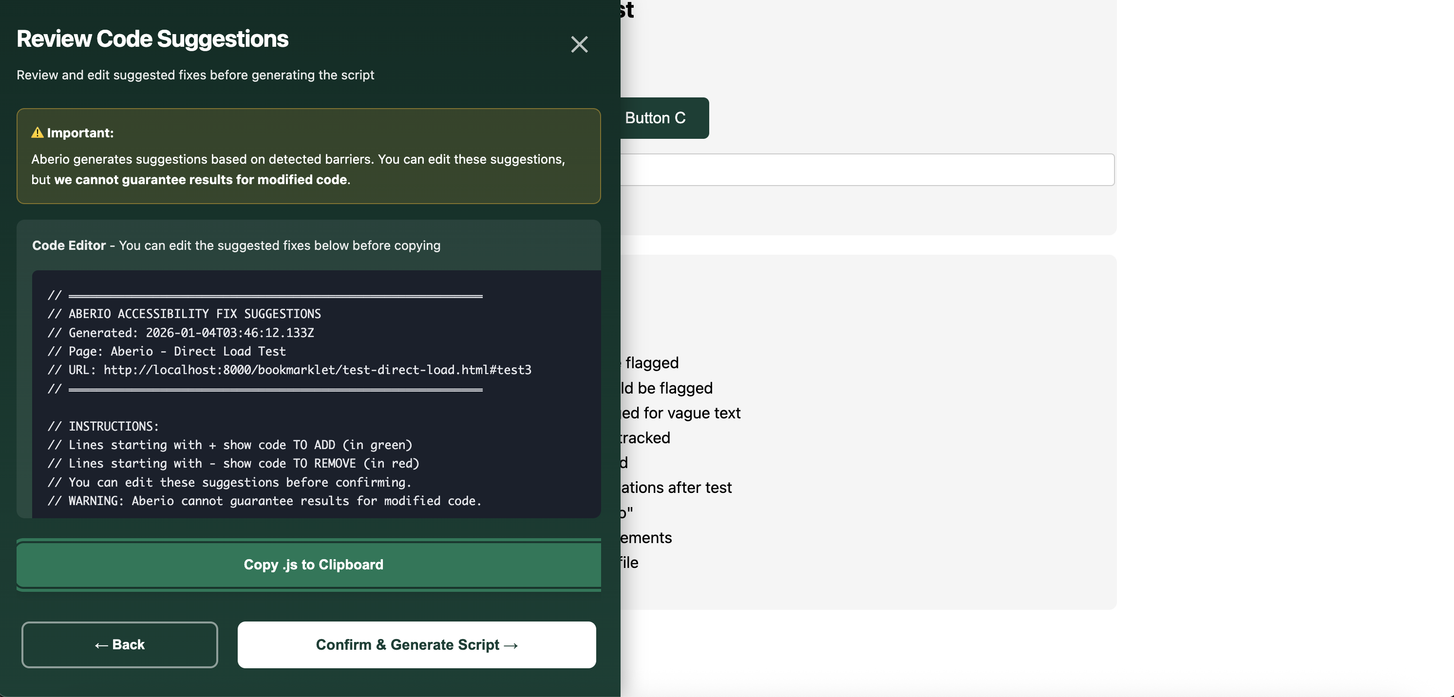 Component selection interface showing detected accessibility barriers with WCAG 3.0 confidence scores, behavioral signals, and violation severity ratings for keyboard navigation and focus management issues