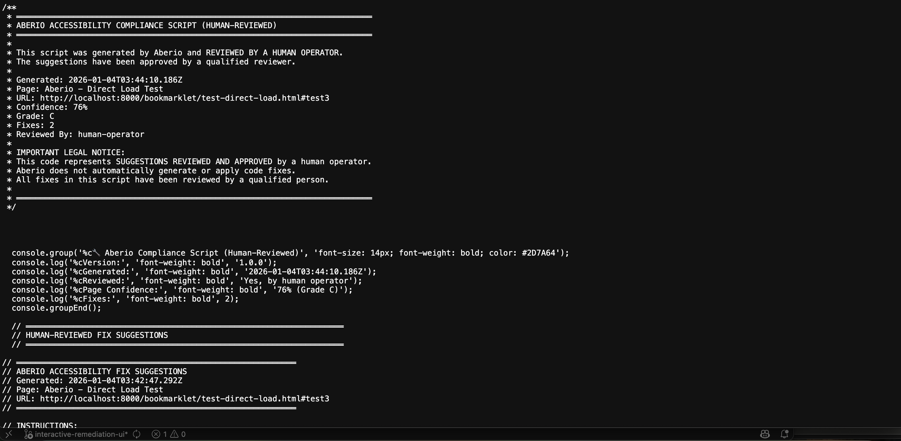 JavaScript report file showing detected accessibility barriers with WCAG violation references, confidence scores, ADA Subpart H compliance notes, and detailed implementation guidance for development teams to review and address